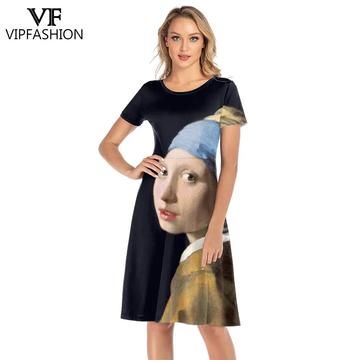 VIP FASHION Women Dress Snowflake Van Gogh Starry Sky Dresses Art Painting Short Sleeve Skirt Casual Streetwear Clothing