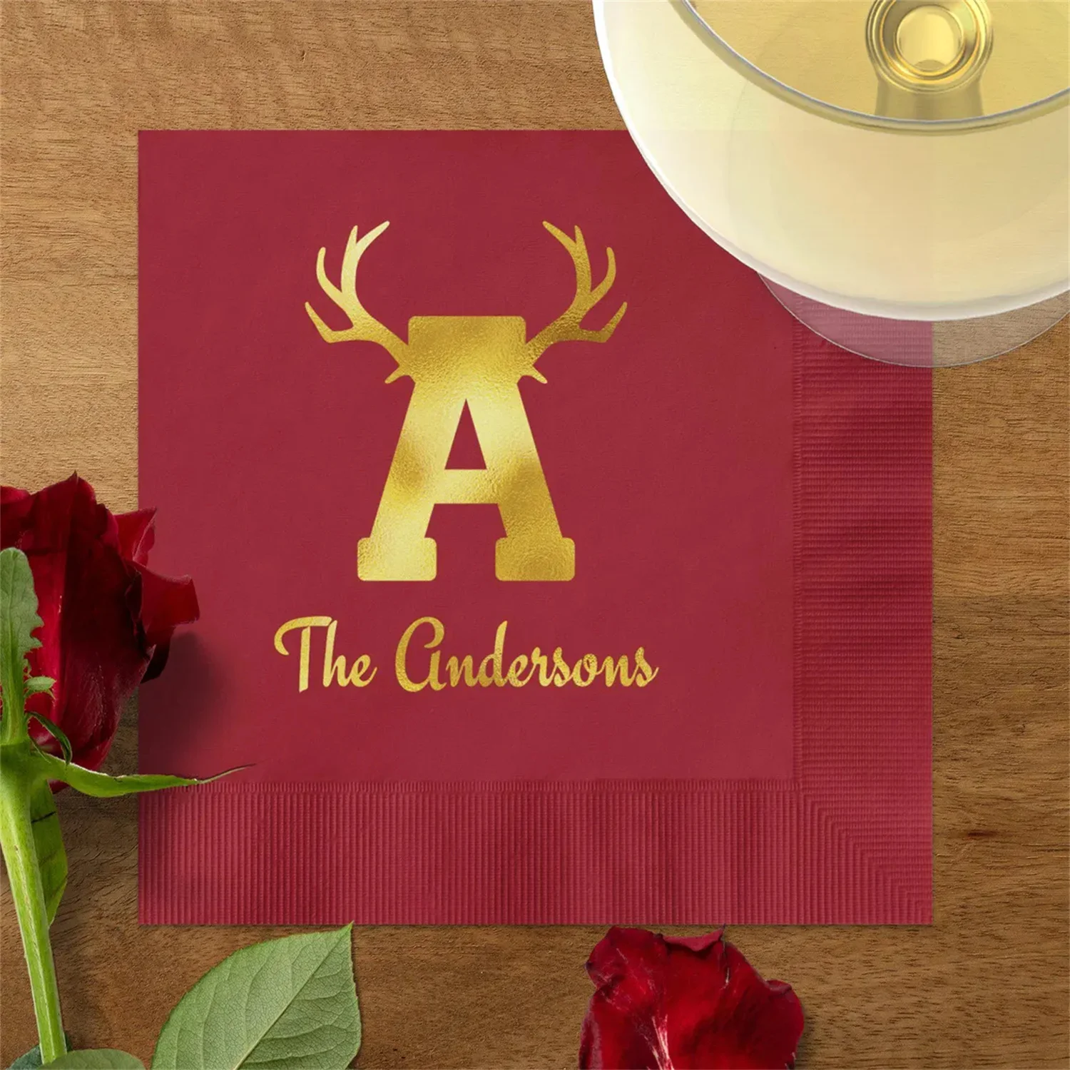 50 PCS Personalized Initial 'A' Cocktail Napkins, Custom Monogram Napkins, Holiday Reindeer Luncheon Napkins, Christmas Reindeer