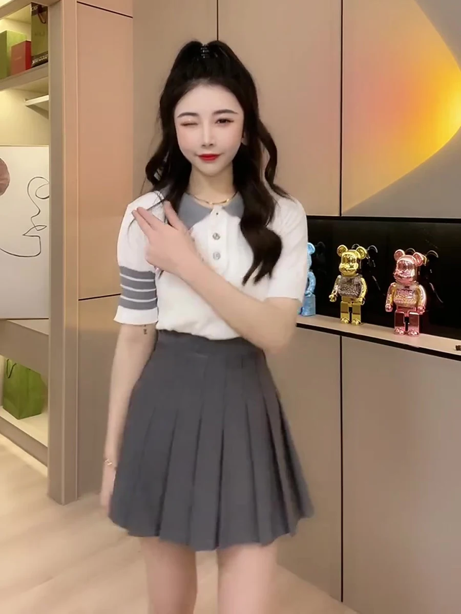 Summer Faion Anti-Aging Pleated Skirt Set College Sle Small Size Women's Clothing Sweet And Sal Two-Piece Skirt Set