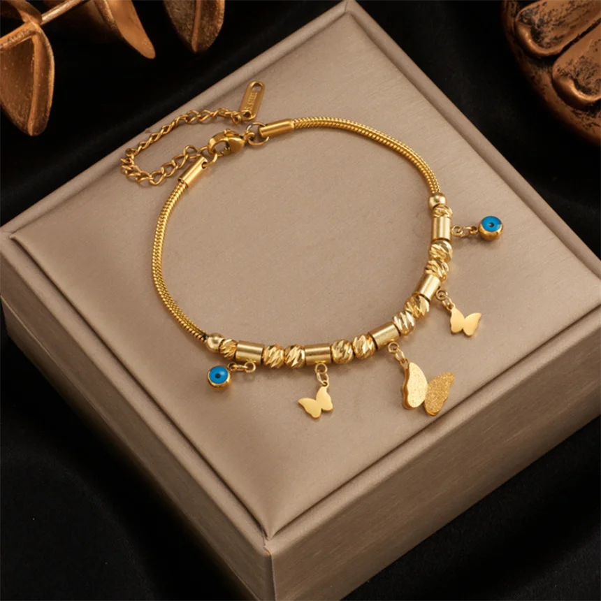 Stal nierdzewna 316L niebieski kolor oczy dwuwarstwowe matowe bransoletki motylkowe dla kobiet modna biżuteria na prezent B2