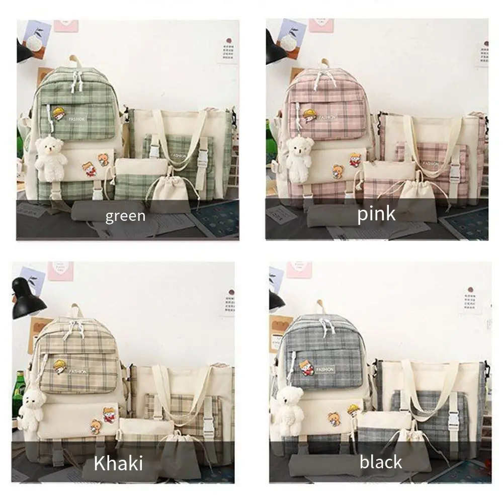 5Pcs/Set Large Capacity Cute Plaid Backpack Korean Style Adjustable Straps Cartoon Shoulder Bag Y2K Canvas Student School Bag