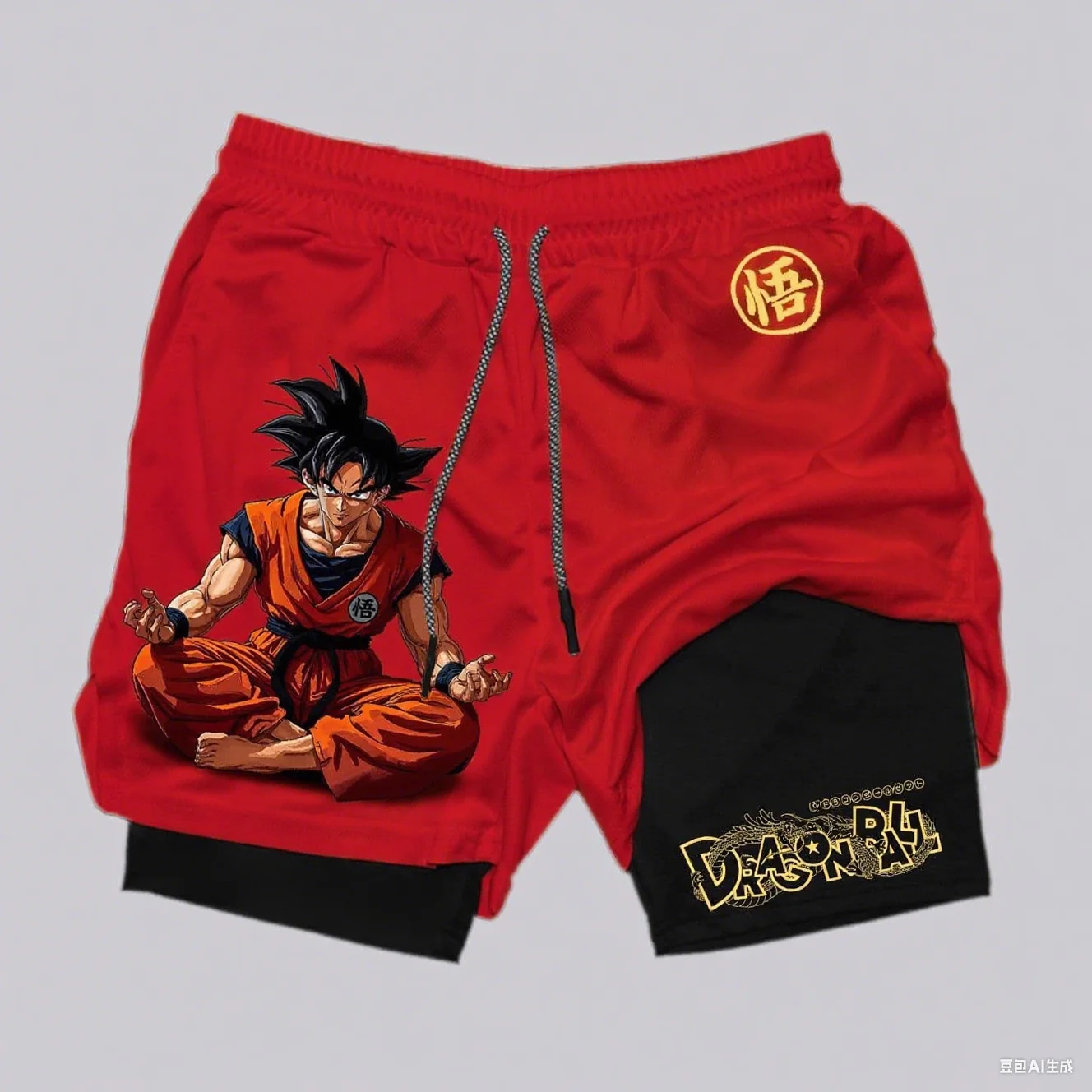 2026 Sommer Dragon Ball Herren-Shorts Doppelte Zwei-in-Eins-Shorts mit Son Goku Aufdruck Schnelltrocknende Fake-Two-Piece Familien-Sportshorts
