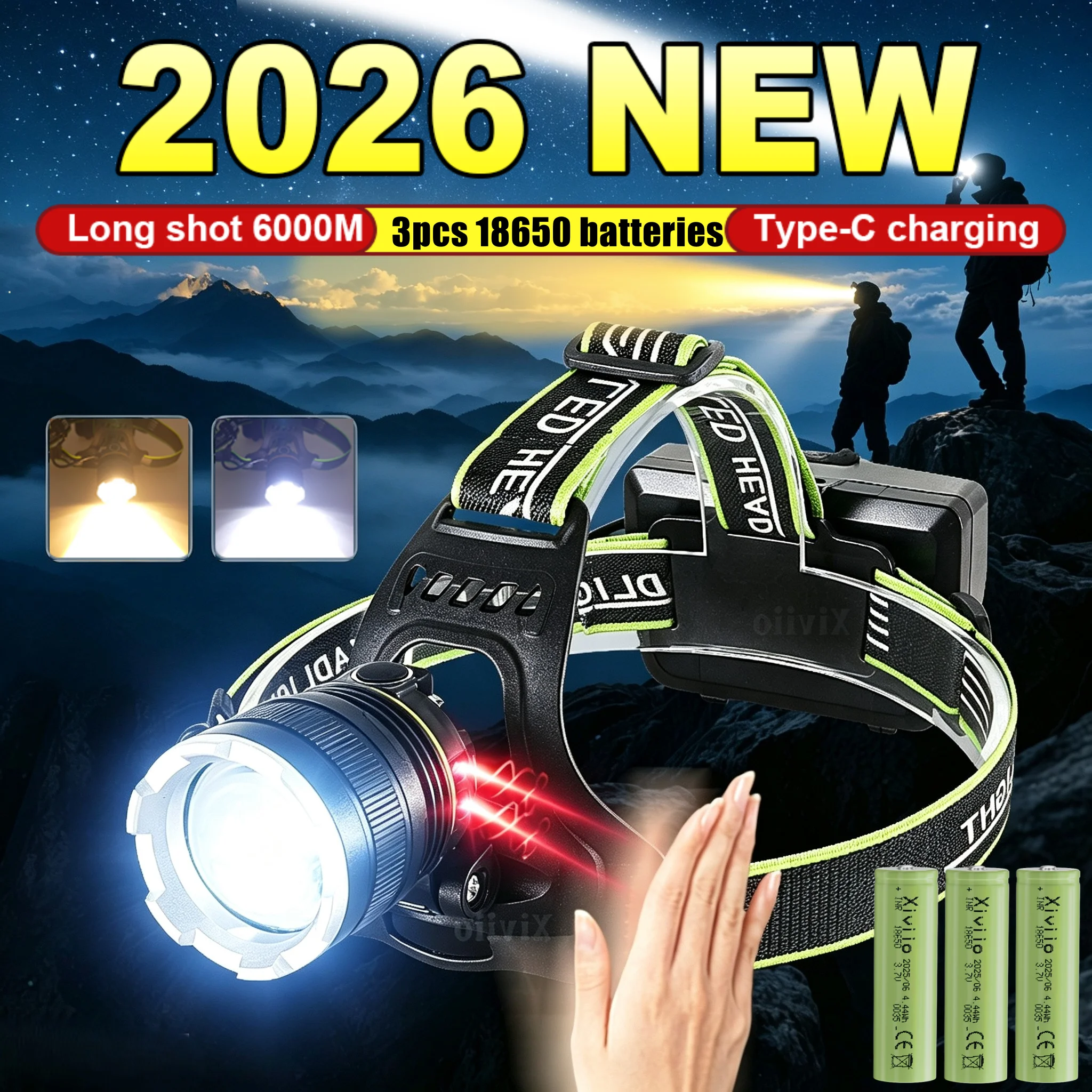 2026 New LED Headlamp Long Shot 6000M IR Sensor Headlight Zoomable USB Rechargeable Waterproof Outdoor Camping Fishing Headlamp