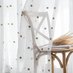 AiFish Colorful Circle Embroidery Sheer Curtains For Living Room Decoration Cotton Linen Curtain for the Room Voile Tulle Drape