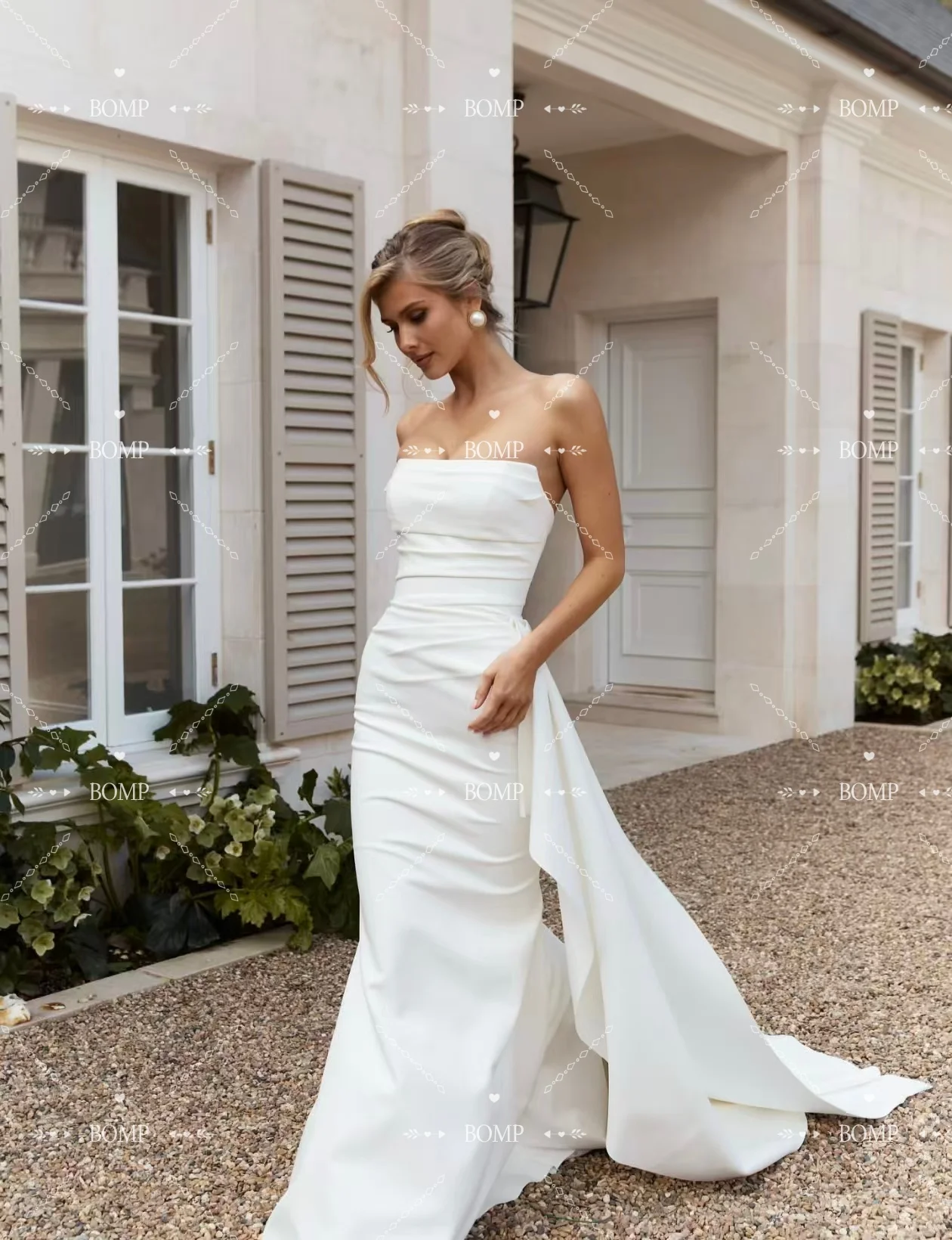 BOMP Simple Mermaid Wedding Dress Strapless Pleat Court Train Ivory Satin US Woman Bridal Gown Customized Vestidos De Novias