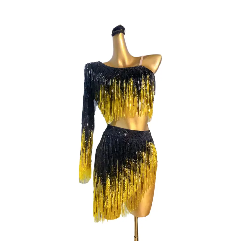 Vestido de strass para dança latina feminino, preto e amarelo, tubo de talão de cor dupla, vestuário de samba americano, personalizado