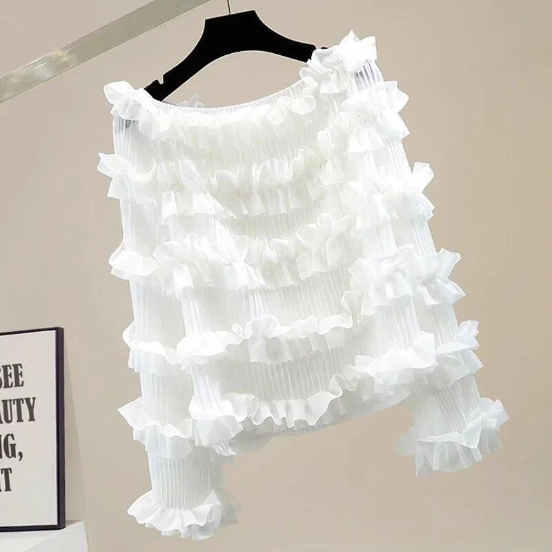 

Ruffles Sweet Blouses Transparent Spring Summer Vintage Women Shirts Solid Korean Fashion Elegant Chic Blusas Mujer