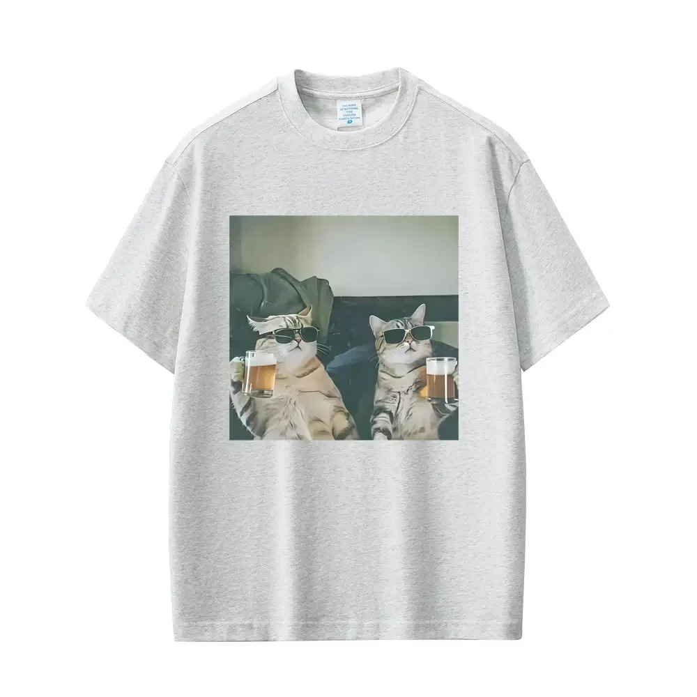كول القط شرب البيرة مضحك الرموز التعبيرية تي شيرت الرجال عادية القطن ريترو قصيرة الأكمام تي شيرت الرجال موضة الجولة الرقبة قمم تي شيرت
