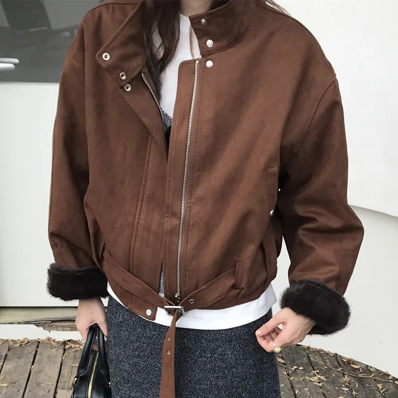 

Women's Full-Skin Lined Thiened Biker Jaet Loose Fit Stand Collar ort Coat Inner Fce Leather Velvet Inteated Fur