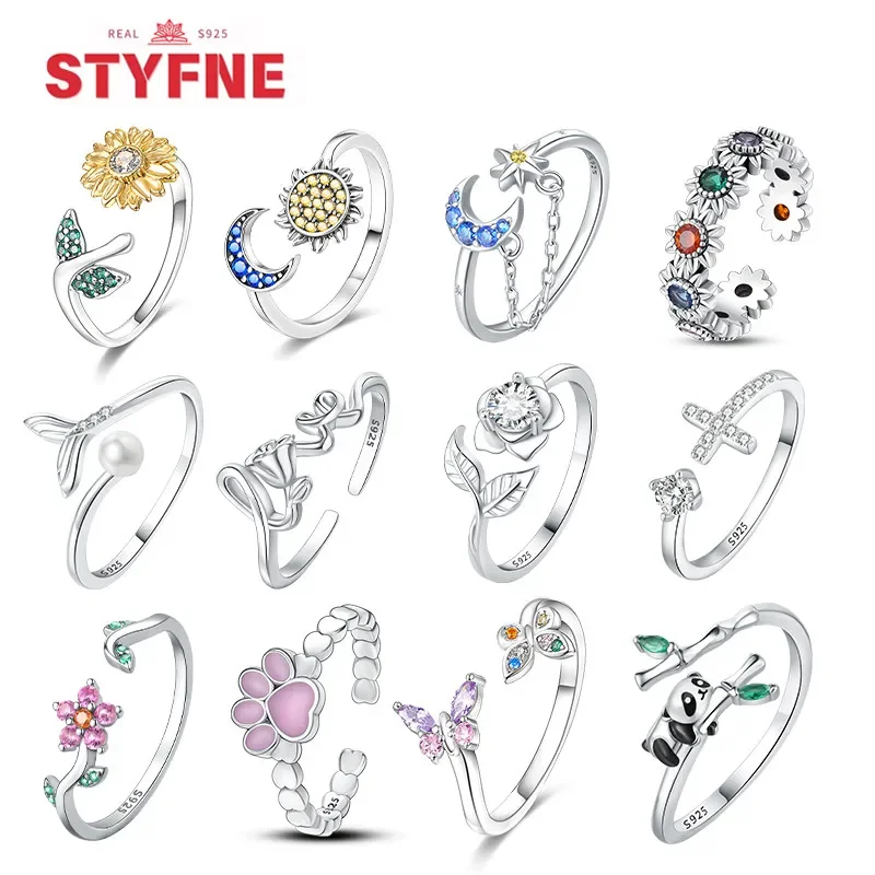 S925 Silver Sun Moon Open Ring for Women Original Zircon Butterfly Flower Rose Adjustable Rings Free Size Finger Jewelry