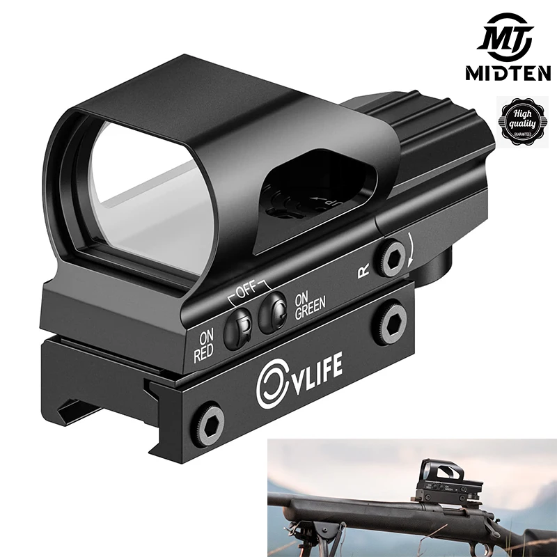 

MidTen Rifle Red Green Dot Sight 4 Adjustable Reticle Reflex 9 Brightness Setting Holographic 20mm Rail Mount