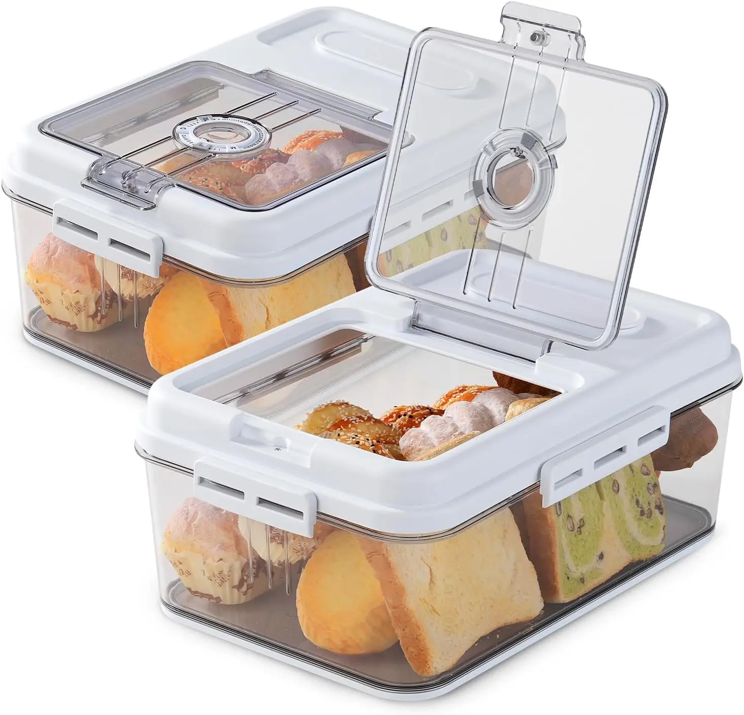 

2 Pack Bread Box for Kitchen Countertop Airtight Bread Storage Container with Lid Time Recording Plastic Bread Keeper for Hom