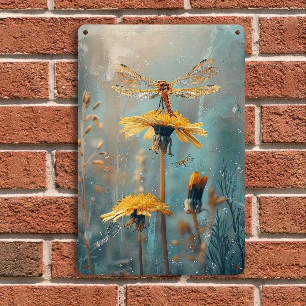 1PC Dandelion and Dragonfly Vintage Metal Plaque Iron Wall Art Decor Durable Garden and Home Hanging Sign Measures 8x12 Inches