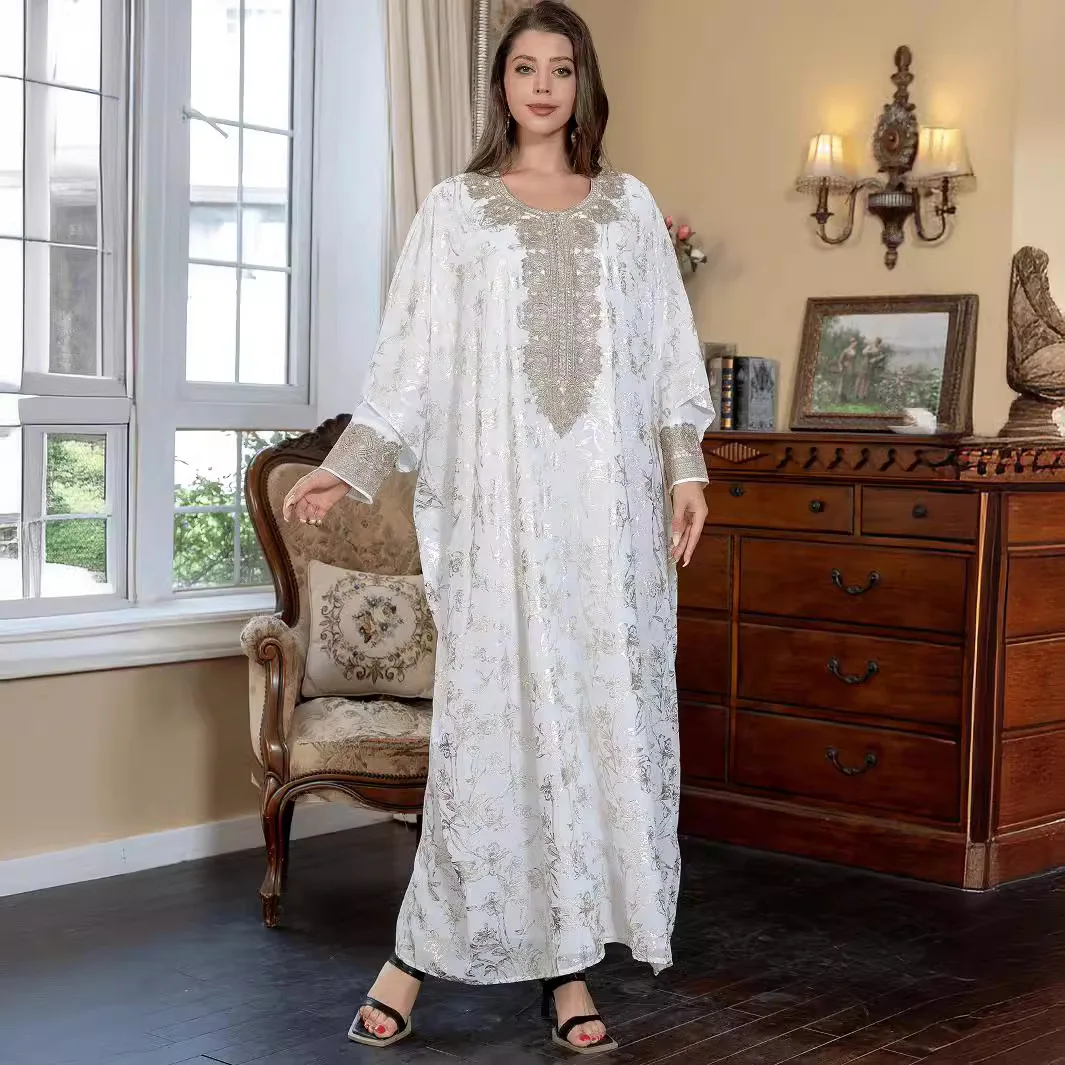 

Muslim Women's Clothing New V-neck Long-sleeved Evening Dress Chiffon Bronzing Two-piece Set Elegant And Fashionable Loose Robe