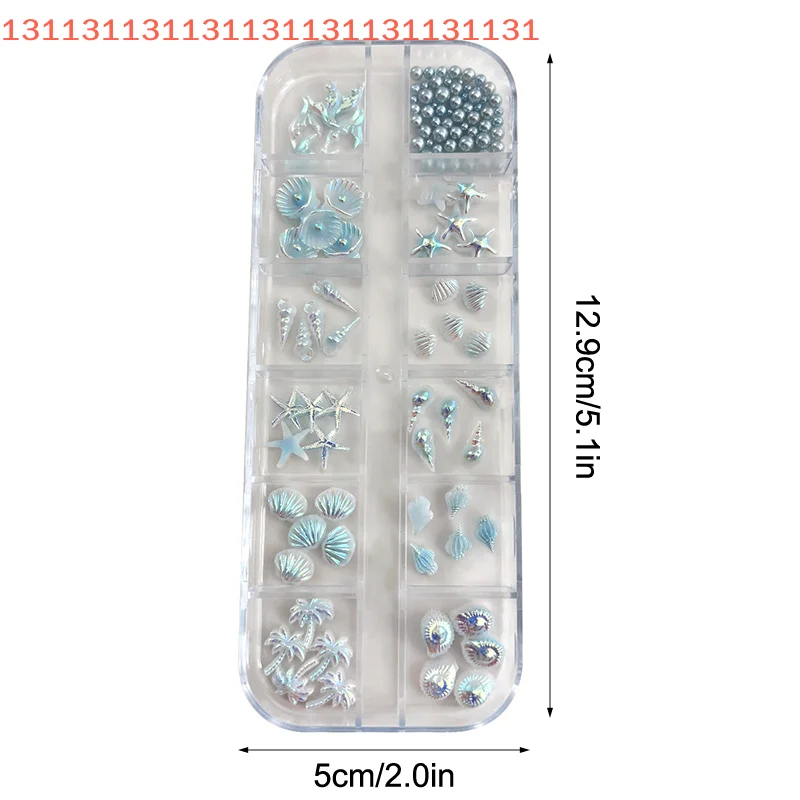 3D Nail Art Accessories for A Dreamy and Ocean Manicure Look, Shell, Starfish, Mermaid Tail, Blue and White, 12 Grids/Box
