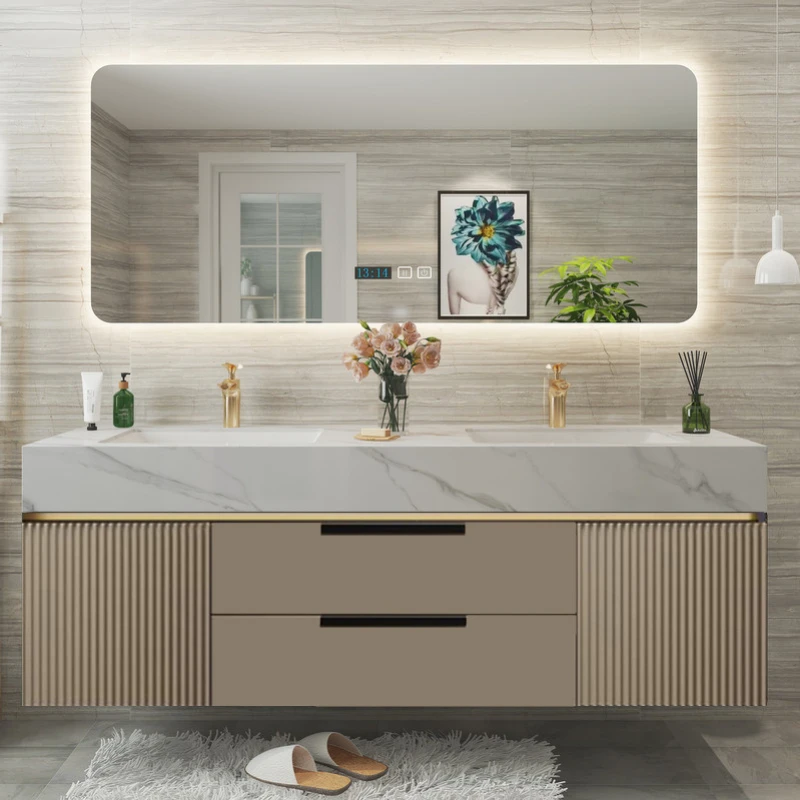 Light luxury solid wood slate bathroom cabinet double basin combined washbasin cabinet