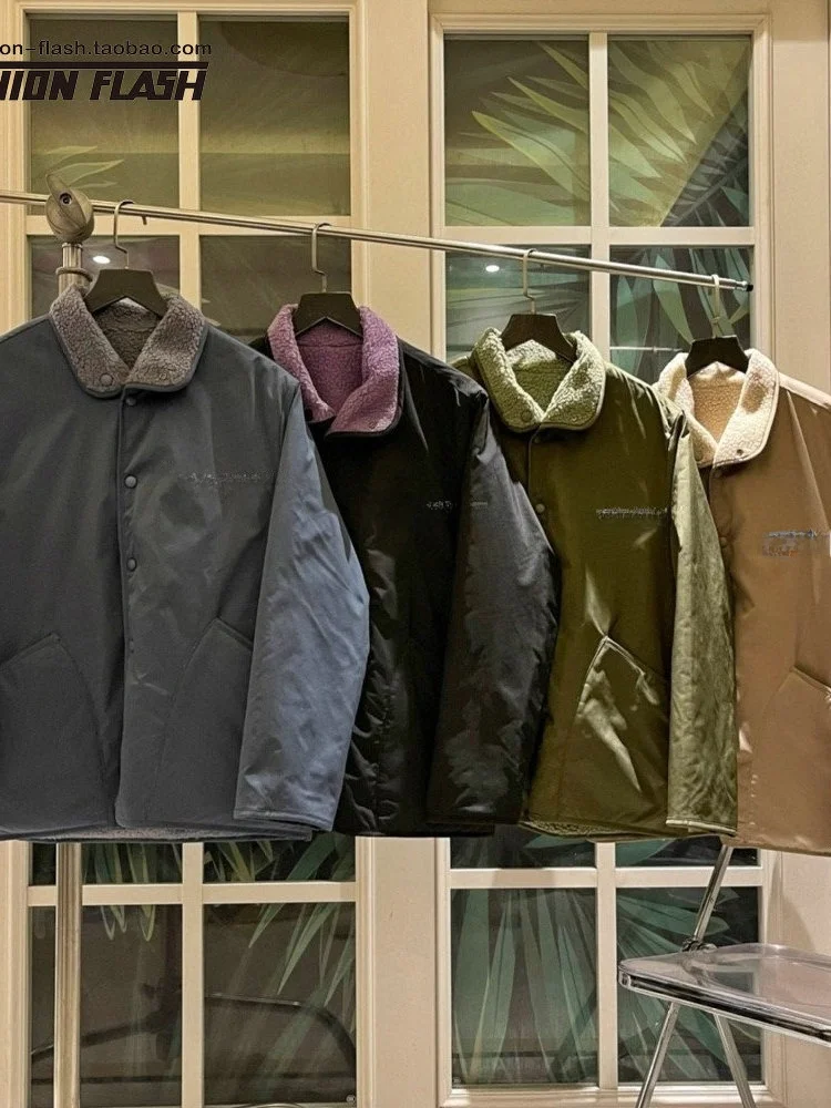 

Retro Japanese Sle Double-Sided Wear Lamb Velvet Warm Button Cotton Jaet Collar Coat Men Women Cotton Clothing Youth Faion