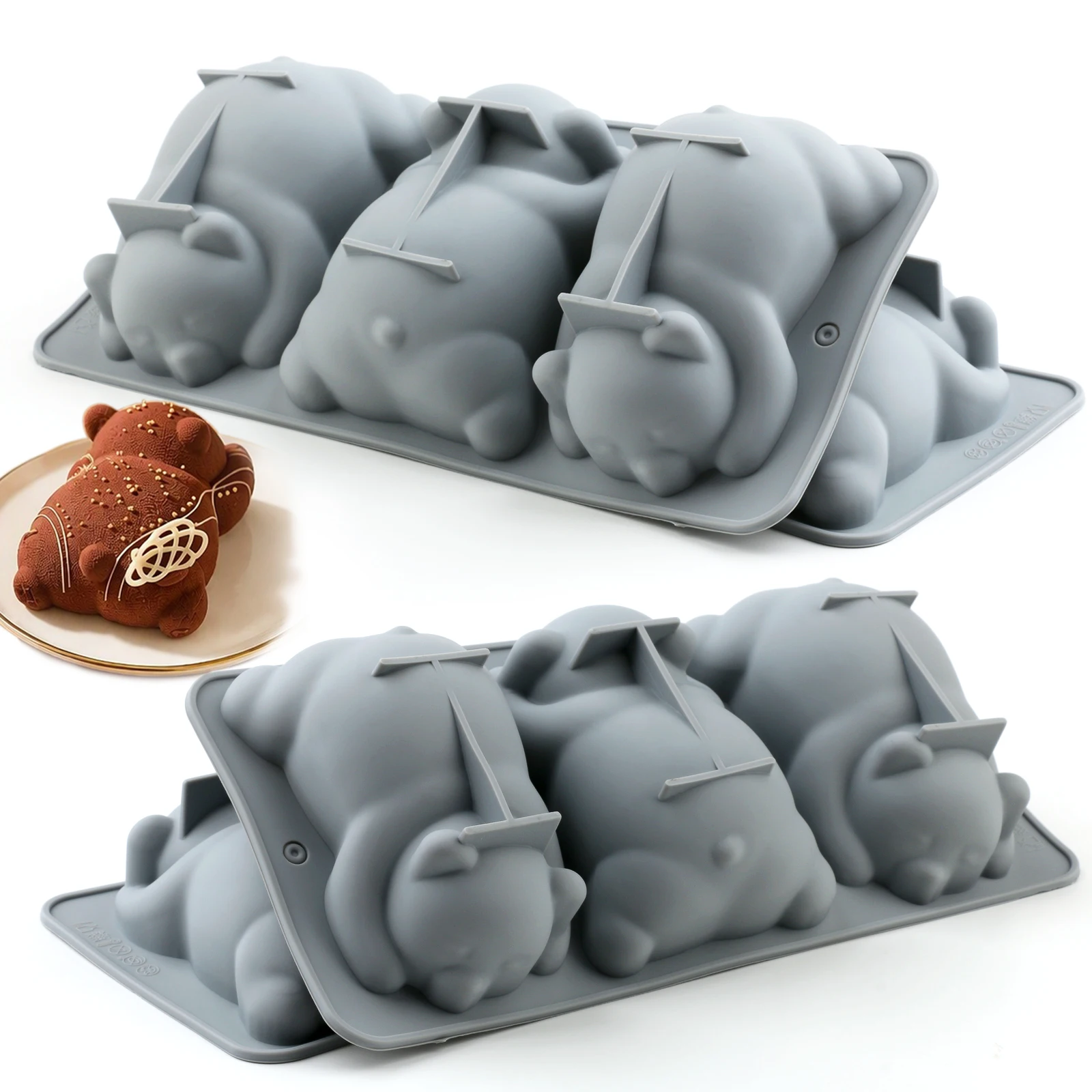 3D Sleeping Bear Silicone Mold 3-Cavity Cute Laid-Down Bear Baking Mold for Mousse Cake Chocolate Jelly Pudding DIY Dessert