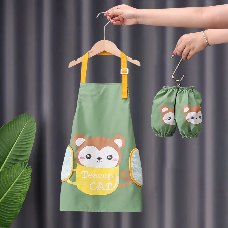 3-12Y Children Apron with Sleeve Set Waterproof Art Smock Painting Apron for Boys Girls Wipe Hands Kindergarten Child Eating Bib