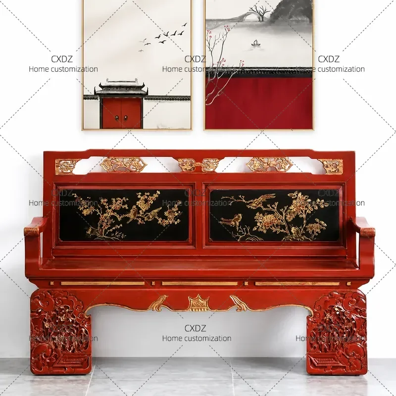 Ming Qing Style Solid Wood Double Sofa Set New Chinese Antique Rattan Seat Quaint Armrest Backrest Leisure Bench Living Room