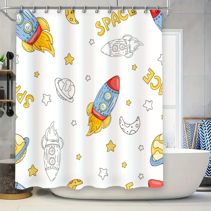 

Набор занавесок для душа на космическую тематику с ракетками и планетами для детских ванных комнат, белый фон с красочным дизайном.