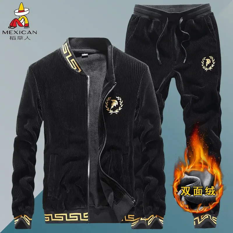 High quality double-sided velvet hoodie set for men in winter, with thickened gold velvet jacket and casual sportswear