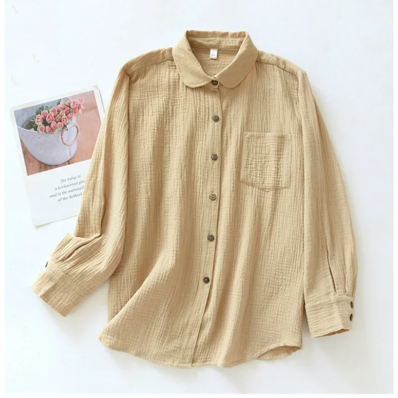 Retro 100% Bawełna Koszula Damska Top Moda 2024 Casual Turn Down Kołnierzyk Długi Rękaw Bluzka Niebieskie Koszule Blusas Mujer EnvíO Gratis