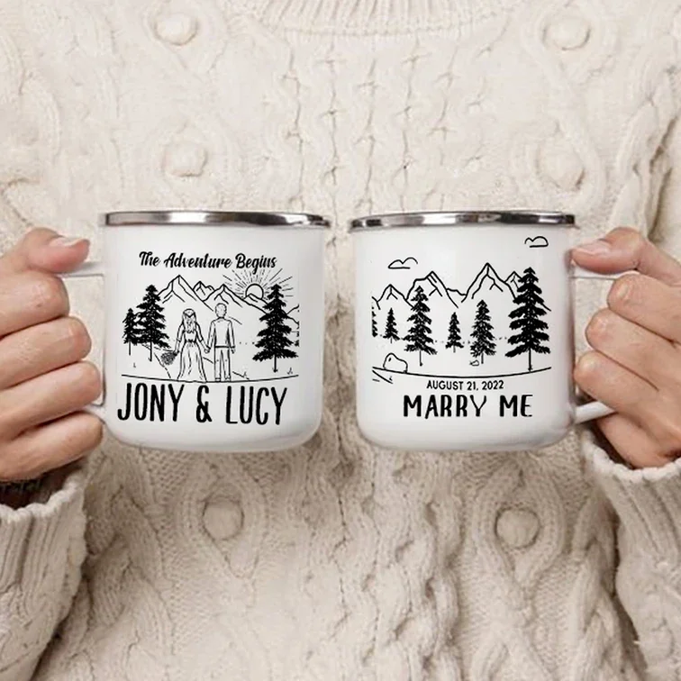 

Personalized Gift Couple Enamel Mug Custom Name Mug Milk Coffee Campfire Cup Forest Wedding Gifts Mug Camping Mountain Cups