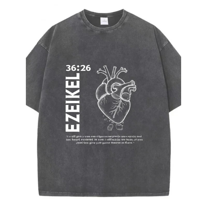 تي شيرت رجالي مغسول رمادي داكن طباعة تشريح القلب وZEKIEL 36:26 نص عالي الجودة 100% قطن 230 جرام
