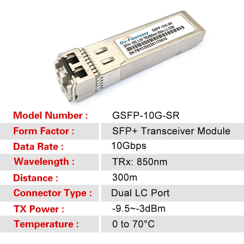 10G SR SFP+ Module Multimode Duplex LC 850nm 300m SFP Fiber Transceiver SFP-10G-SR Compatible with MikroTik,Ubiquiti,Dell.Switch