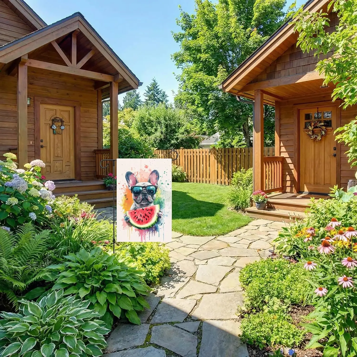 Watercolor French Bulldog Garden Flags for Outside, Summer Watermelon with Sunglass Yard Decoration, Small Seasonal Outdoor  PPZ