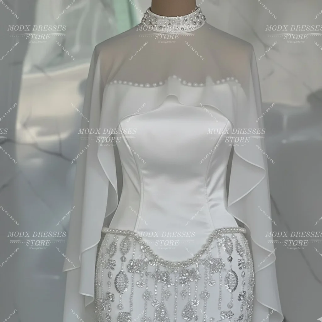 MODX Elegant Silver High-Neck Straight Arabic Evening Dress with Cape Customized Formal Celebrity Gowns Party Dress Quinceanera