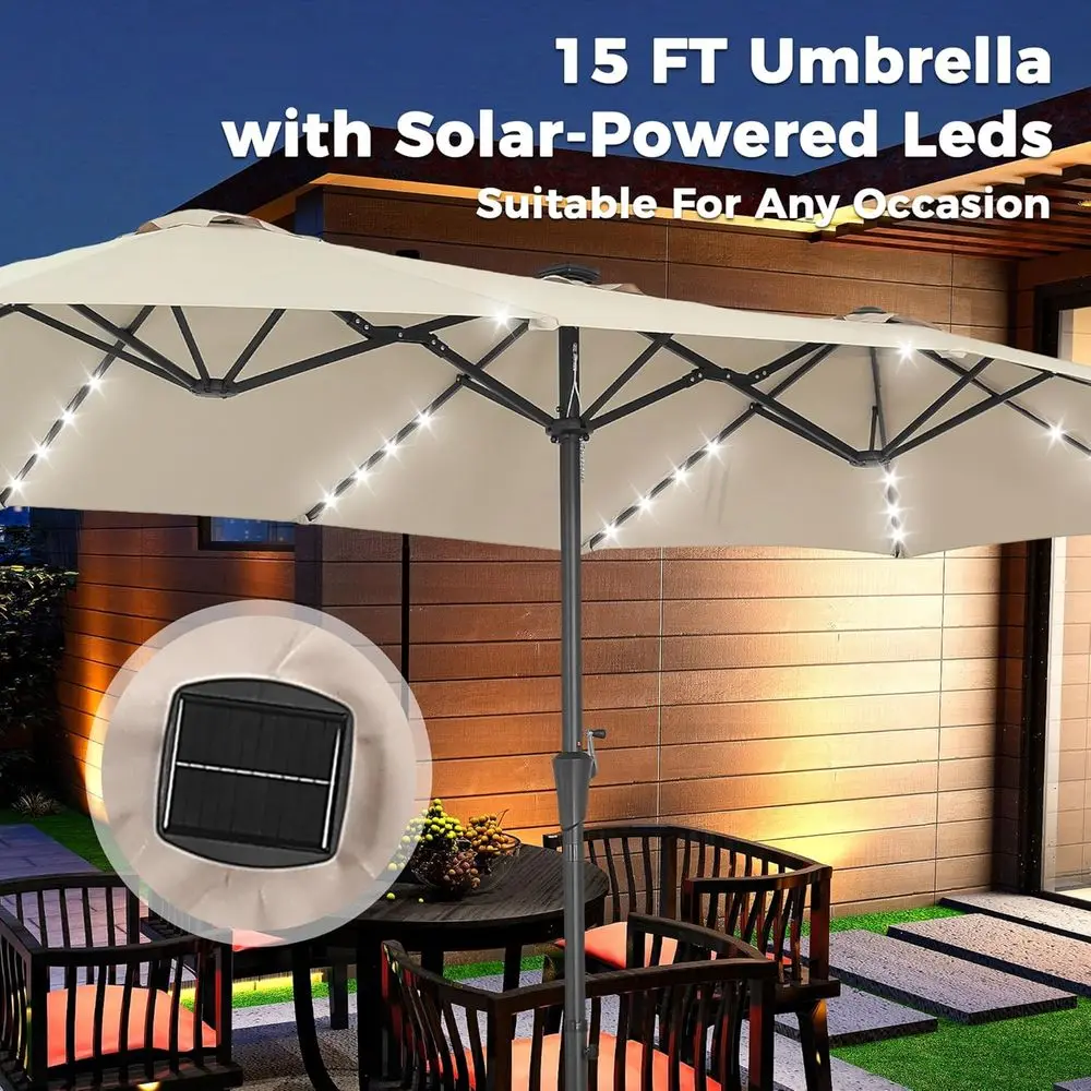 15-Foot Large Outdoor Patio Umbrella with Base and LED Lights | Triple Umbrella, Double-Sided Market Umbrella