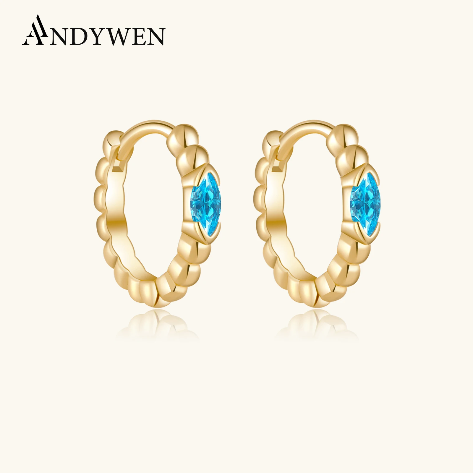 ANDYWEN aro-pendientes de plata de primera ley y circón para mujer, aretes pequeños, plata esterlina 925, Circonia cúbica, zirconia, circonita, zirconita, Ojo Azul, dorado, 9mm