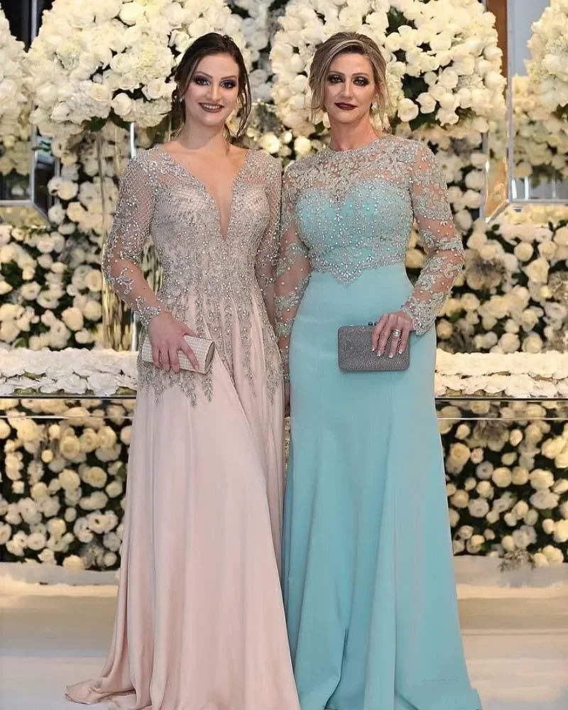 Iridiscente Sexy Vintage cuentas azules lentejuelas vestidos para madre de la novia mangas largas cristales novio noche graduación talla grande