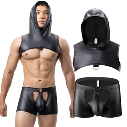 2XL Exotic Mens Hooded Chest Harness Boxer Shorts Teddies PU Leather Crop Tops Panties Trunks Gay Latex Nightclub Vest Shorts