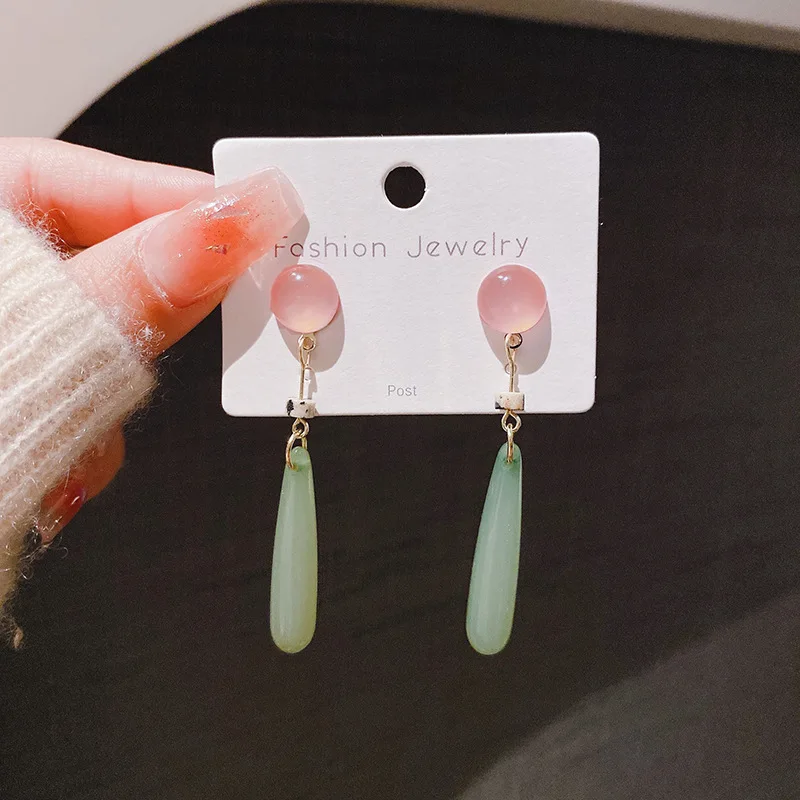 Pendientes colgantes de resina de gota de agua verde claro para Cheongsam elegante, accesorios de joyería de estilo chino antiguo