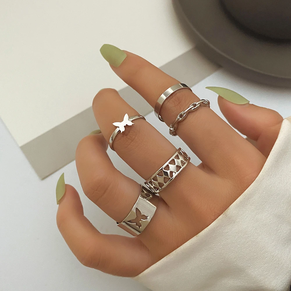 KISSWIFE New Trendy Silver Color Metal Rings Set For Women Chain Butterfly Geometric Finger Ring 2022 Punk Fashion Jewelry Gifts