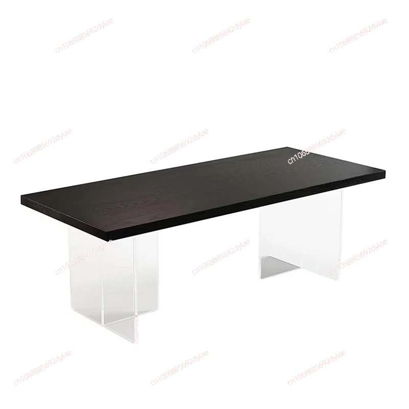 

Ash Wood Large Slab, Work, Acrylic Suspension, Simple，Carbonized Black Solid Wood Dining Table Chairs