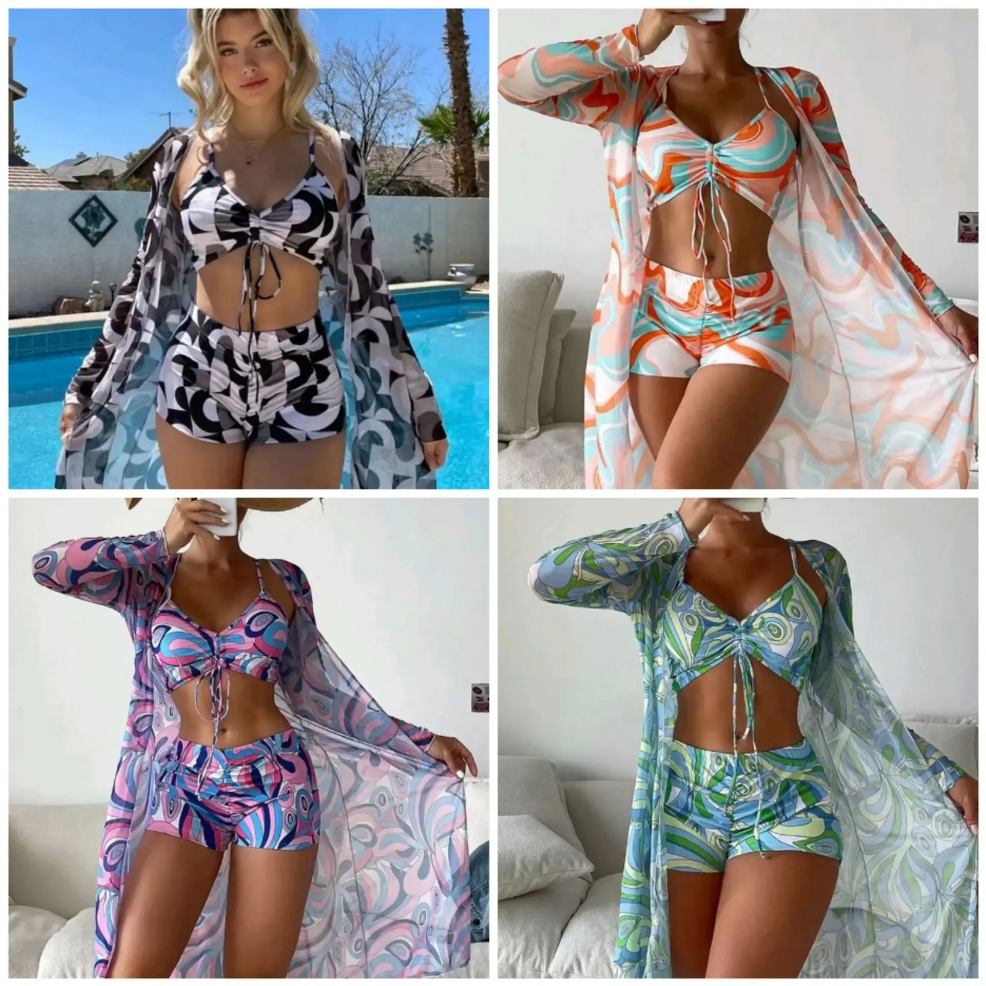 Costume da bagno tropicale a vita alta in tre pezzi da donna sexy a maniche lunghe Cover Up 2023 costume da bagno estivo push up da spiaggia