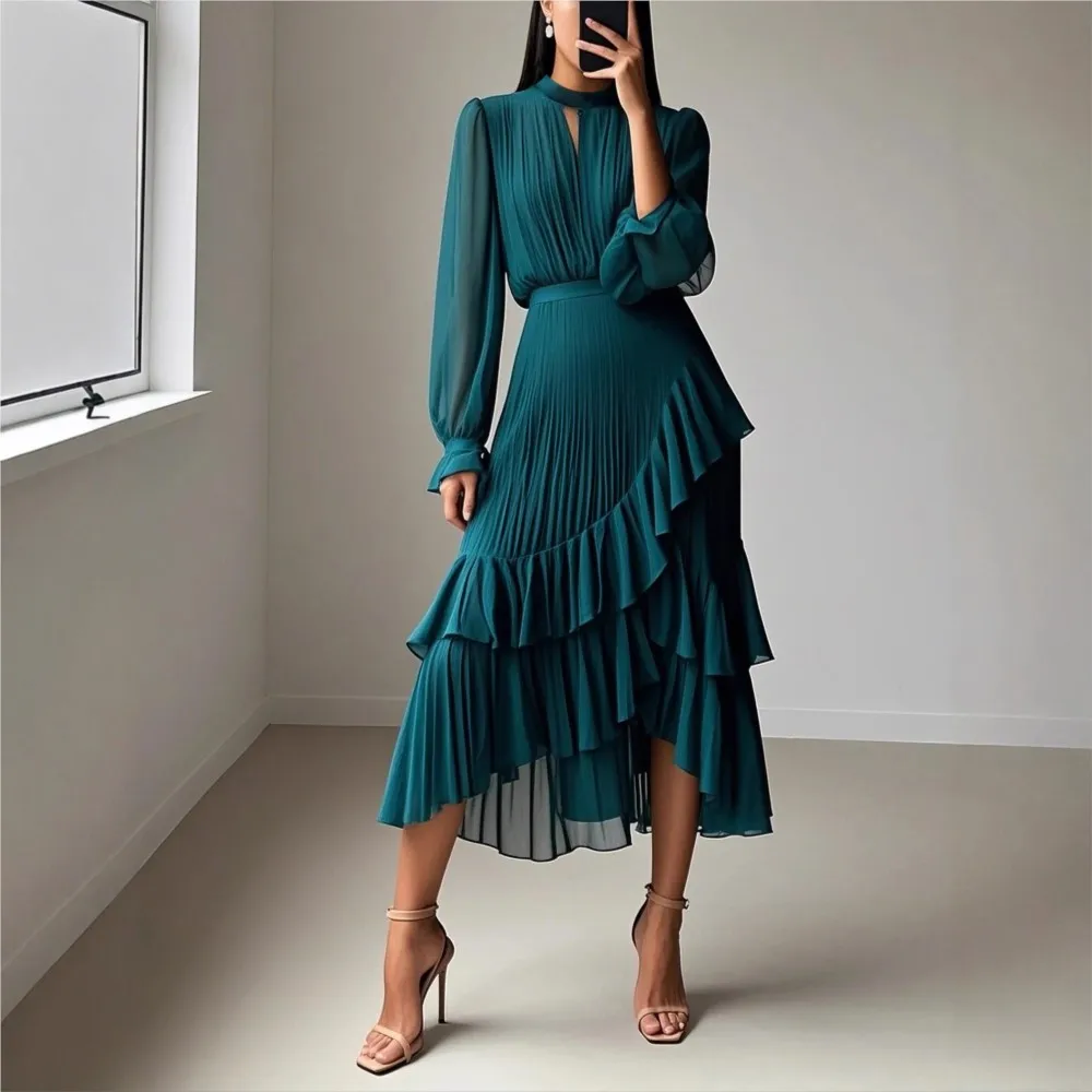 

Ruffled Pleated Long-sleeved Hollow Dress New Solid Color Dress Spring Summer Women's Mid-length Dress Vestidos Para Mujer