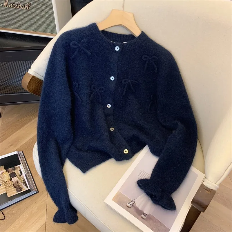 Bow Elegant Knit Cardigan Sweater Women 2024 Autumn Stylish Fashion Chic Ladies Tops Jumpers Long Sleeve Female Knitwear Femme