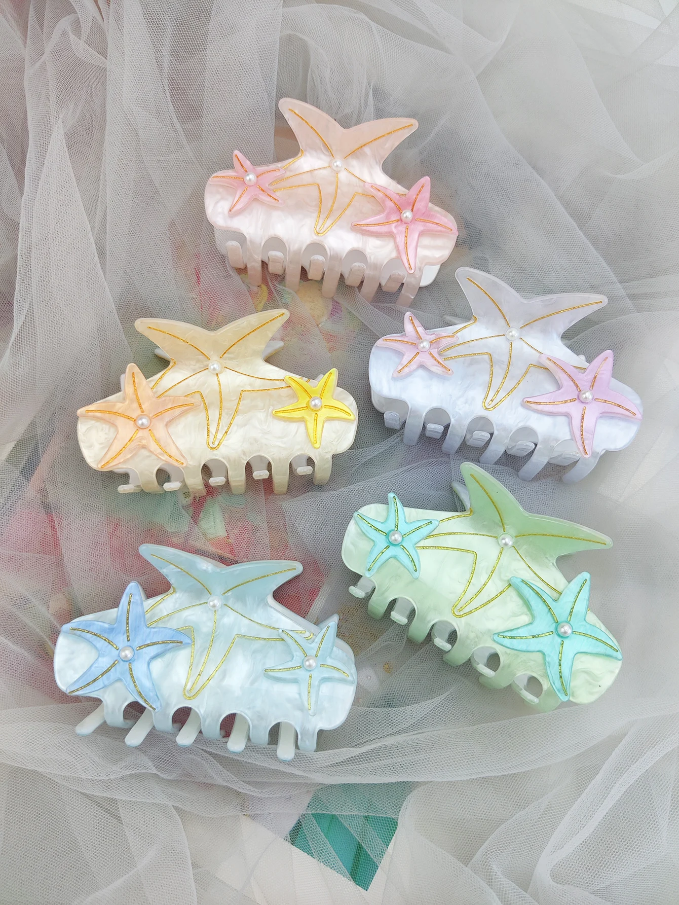 Colorful Large Starfish Hair Claw Clips Pearl Outdoor Beach Holiday Hair Claw Handmade