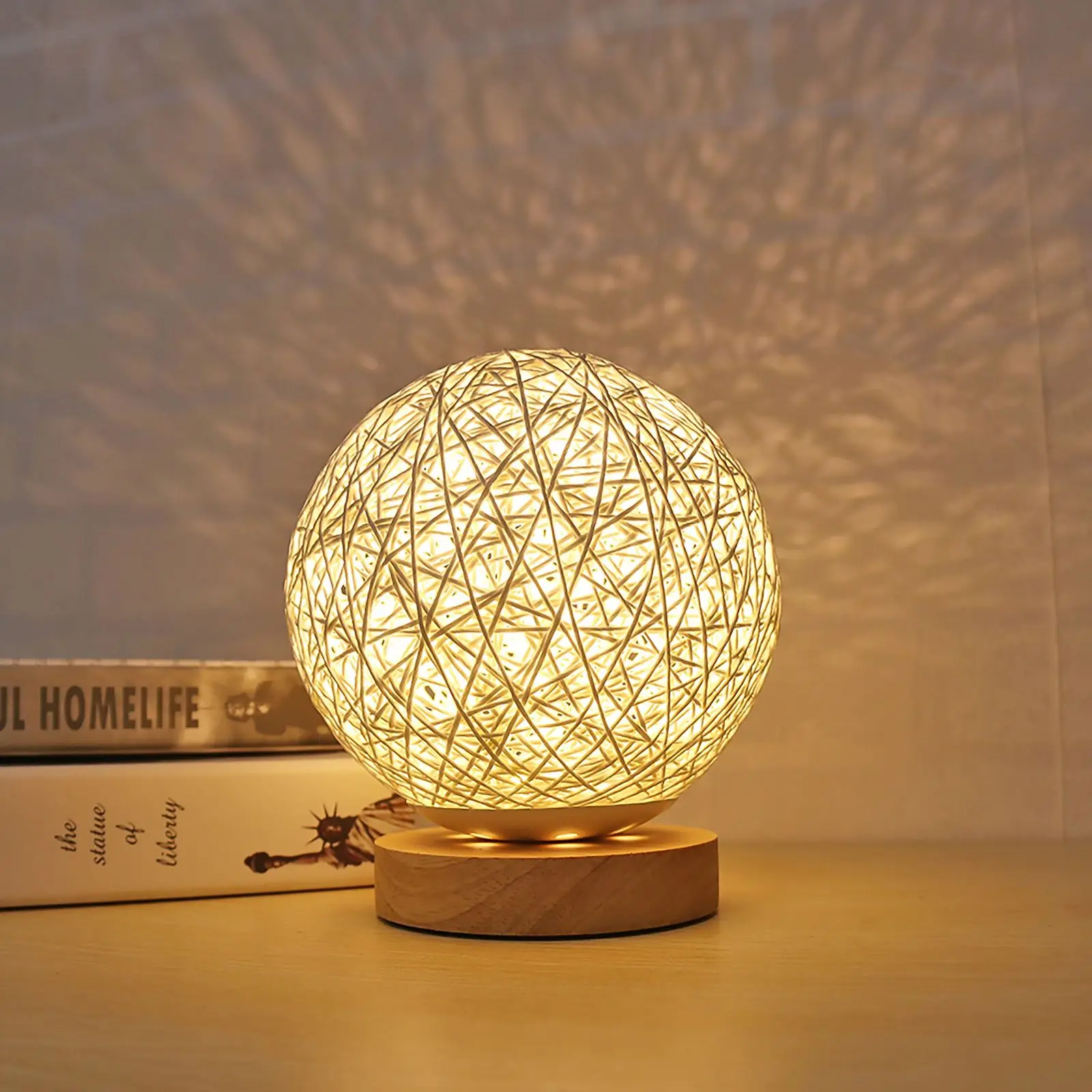 

LED Moon Table Lamp Wood Table Ball Light Dimmable Linen Ball Rattan Lampshade USB Power Bedroom Bedside Night Light Home Decor