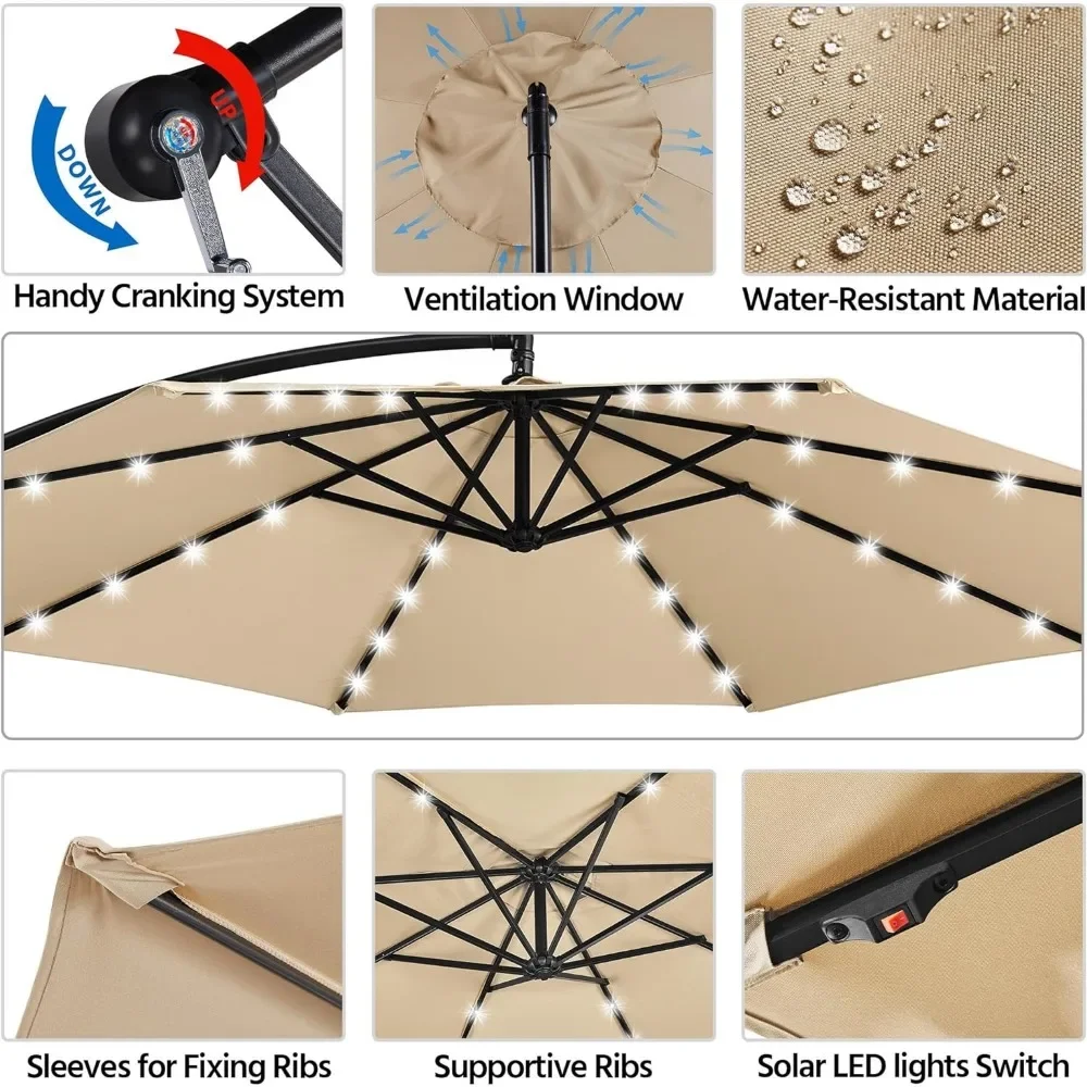 Solar Offset Umbrella with 10FT 32 LED Lights Cantilever Outdoor Umbrellas Handy Crank & Cross Base for the Beach for Backyard