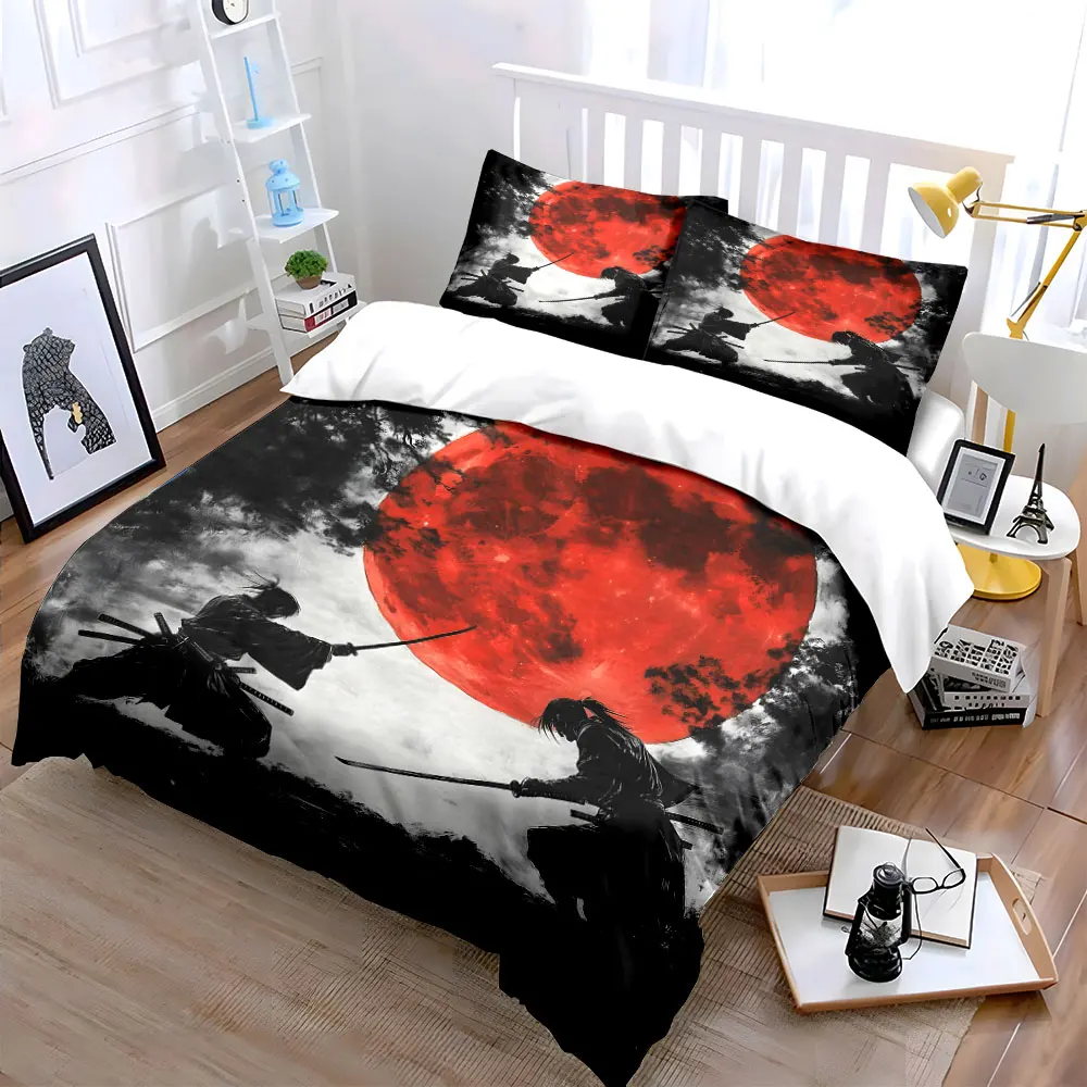 Samurai Duel Under Crimson Moon Bedding Set for Kids Luxury Gift 3pcs Digital Print Comforter Set Soft Comfortable Breathable