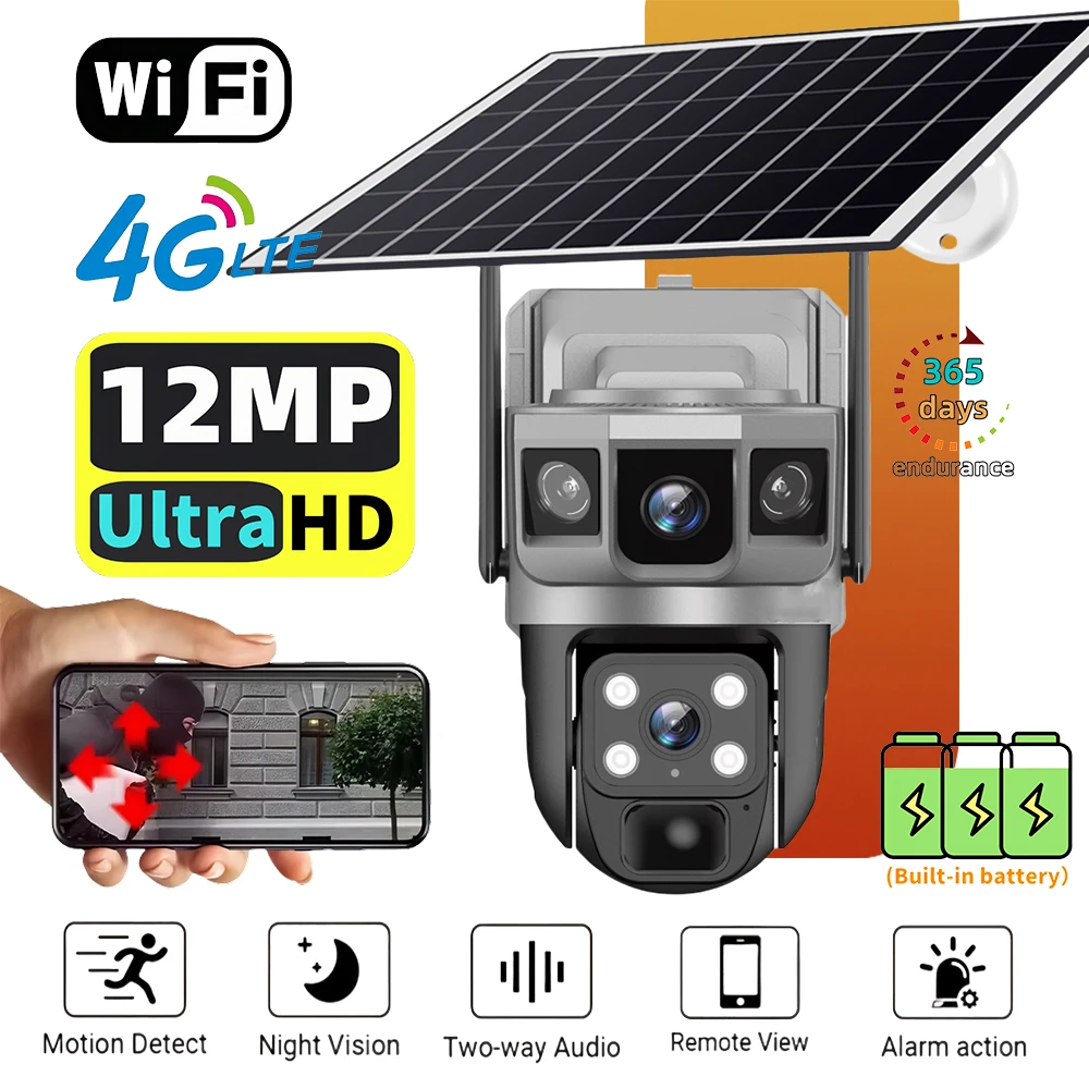 

Outdoor 6K 12MP Solar Wireless Camera 4G SIM Surveillance 3 Screen Wifi IP PIR Night Vision HD CCTV Security Protection Monitor