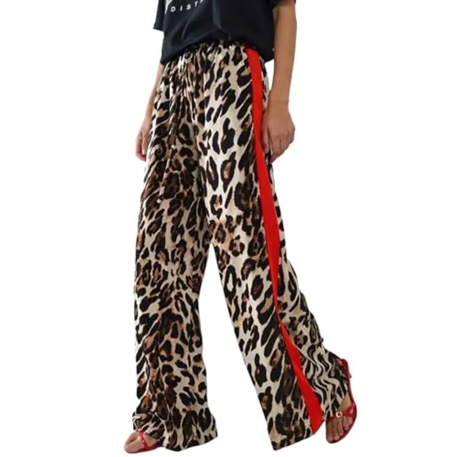 

Rapbin Women's Leopard Wide Leg Pants Casual Side Striped High Waisted Palazzo Trousers with Pockets Summer 2026