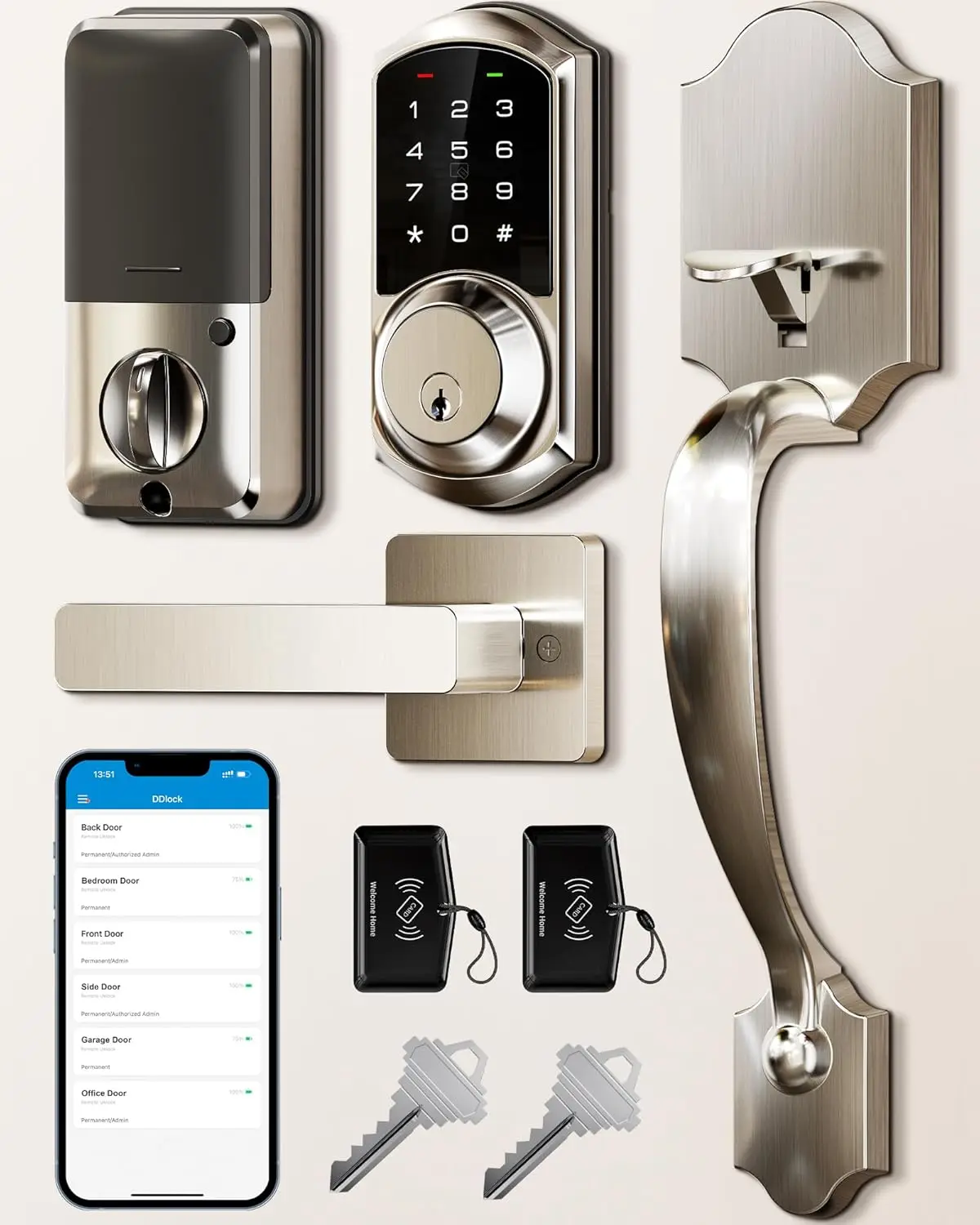 Smart Front Door Lock Set, App Control, Keyless Deadbolt with Lever Handle, Electronic Digital Touchscreen Keypad, A