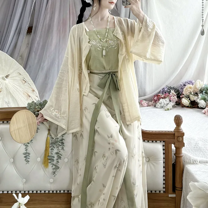 

Yuanci Hanfu Women Daily Wear Lantern Pants Embroidered Fresh Outfit Pleated Skirt Song Dynasty Style Dress Three-piece Set